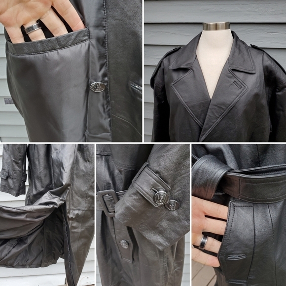 Vintage 90s y2k Vampire Black Leather Double Breasted Belted Trench Coat XL - Picture 4 of 6